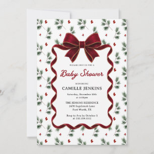 Elegant Christmas Red Ribbon Baby Shower Invitation