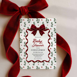 Elegant Christmas Red Ribbon Baby Shower Invitation
