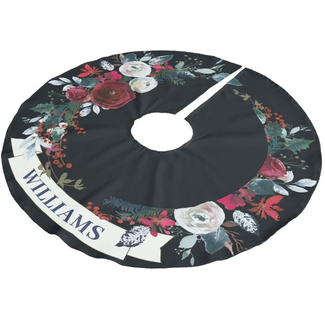 Elegant Christmas Red Winter Rose Wreath Pattern Brushed Polyester Tree Skirt (Angled)