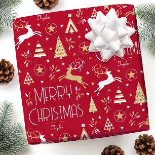 Elegant Christmas Reindeer Editable Deep Red Gold Wrapping Paper