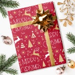 Elegant Christmas Reindeer Editable Deep Red Gold Wrapping Paper<br><div class="desc">Make your Christmas gifts extra special with this elegant Art Deco style wrapping paper, personalised with the recipient's name, family name or year. This seamless pattern features leaping reindeer, festive trees and stars in a colour palette of deep red, white and a gold coloured texture. Custom gift wrap is a...</div>