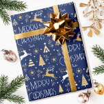 Elegant Christmas Reindeer Editable Name Blue Gold Wrapping Paper<br><div class="desc">Make your Christmas gifts extra special with this elegant Art Deco style wrapping paper, personalised with the recipient's name, family name or year. This seamless pattern features leaping reindeer, festive trees and stars in a colour palette of dark midnight blue, white and a gold coloured texture. Custom gift wrap is...</div>