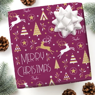 Elegant Christmas Reindeer Editable Name Plum Gold Wrapping Paper