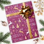 Elegant Christmas Reindeer Editable Name Plum Gold Wrapping Paper<br><div class="desc">Make your Christmas gifts extra special with this elegant Art Deco style wrapping paper, personalised with the recipient's name, family name or year. This seamless pattern features leaping reindeer, festive trees and stars in a colour palette of purple-pink plum, white and a gold coloured texture. Custom gift wrap is a...</div>