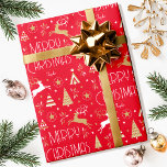 Elegant Christmas Reindeer Editable Name Red Gold Wrapping Paper<br><div class="desc">Make your Christmas gifts extra special with this elegant Art Deco style wrapping paper, personalised with the recipient's name, family name or year. This seamless pattern features leaping reindeer, festive trees and stars in a colour palette of red, white and a gold coloured texture. Custom gift wrap is a great...</div>