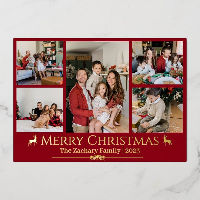 Elegant Christmas Reindeer Family Photo Collage  Foil Holiday Card (Front)