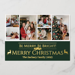 Elegant Christmas Reindeer Family Photo Collage  Foil Holiday Card