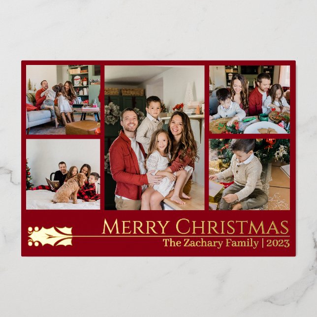 Elegant Christmas Reindeer Family Photo Collage  Foil Holiday Card (Front)