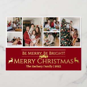 Elegant Christmas Reindeer Family Photo Collage  Foil Holiday Card