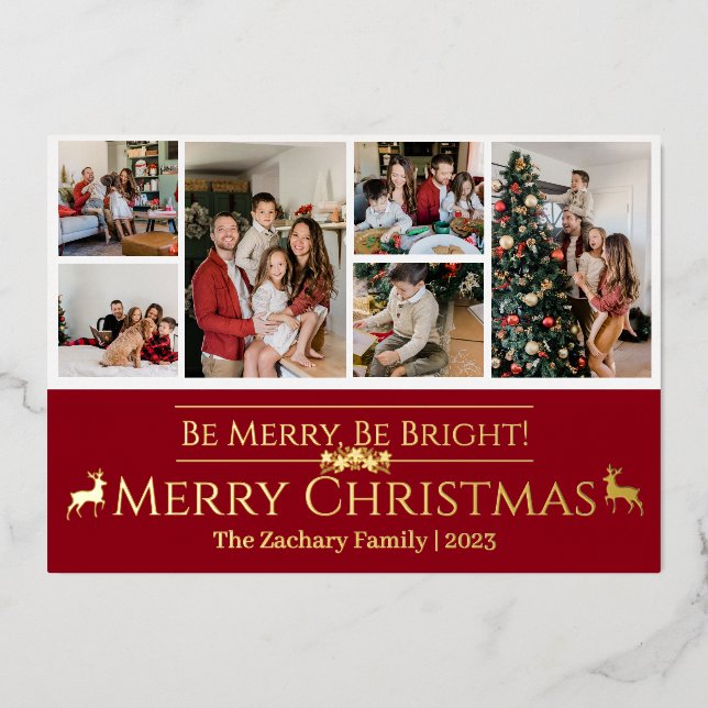 Elegant Christmas Reindeer Family Photo Collage  Foil Holiday Card (Front)