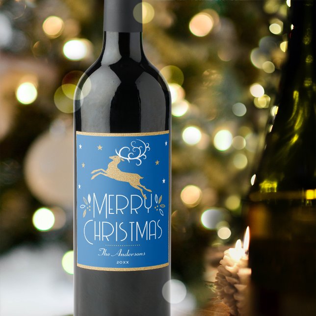 Elegant Christmas Reindeer Festive Blue Gold Wine Label (Creator Uploaded)