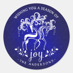Elegant Christmas Reindeer Joy - Blue and White Classic Round Sticker