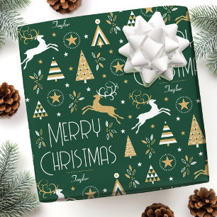 Elegant Christmas Reindeer Name Forest Green Wrapping Paper