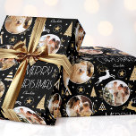 Elegant Christmas Reindeer Photo Black White Gold Wrapping Paper<br><div class="desc">Make your Christmas gifts extra special with this elegant Art Deco style wrapping paper. You can personalise it with a name and three photos of your family, friends or pets! This seamless pattern features leaping reindeer, festive trees and stars in a colour palette of black, white and faux gold. Custom...</div>