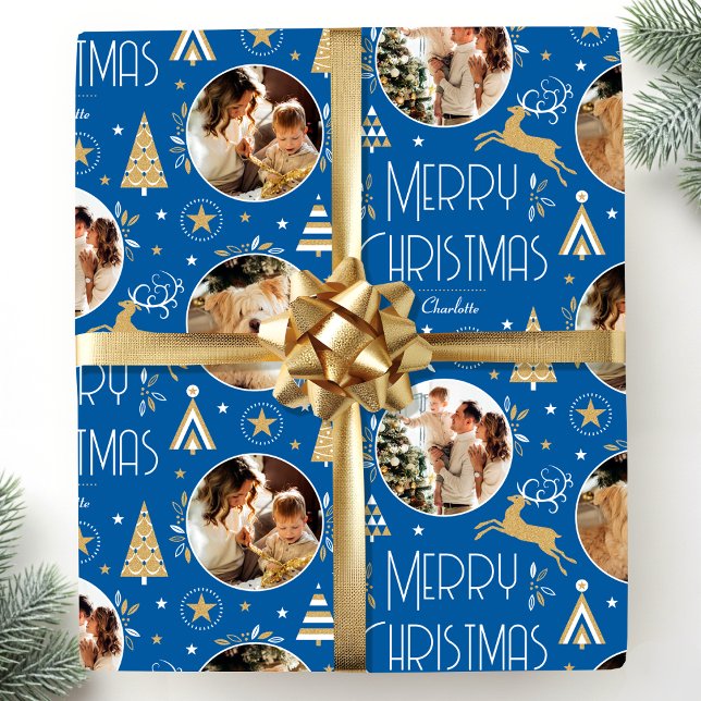 Elegant Christmas Reindeer Photo Collage Blue Gold Wrapping Paper (Creator Uploaded)
