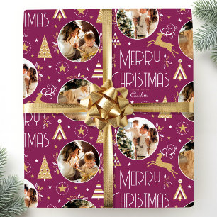 Elegant Christmas Reindeer Photo Collage Plum Gold Wrapping Paper