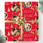 Elegant Christmas Reindeer Photo Collage Red Gold Wrapping Paper<br><div class="desc">Make your holiday gifts extra special with custom photo wrapping paper. This elegant design features vintage-style illustrations inspired by the opulence of the Art Deco era. It includes leaping reindeer, festive Christmas trees and stars, paired with stylish retro typography. Personalise the template with three favourite photos, and the recipient's name,...</div>