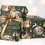 Elegant Christmas Reindeer Photo Dark Green Gold Wrapping Paper<br><div class="desc">Make your Christmas gifts extra special with this elegant Art Deco style wrapping paper. You can personalise it with a name and three photos of your family, friends or pets! This seamless pattern features leaping reindeer, festive trees and stars in a colour palette of dark green, white and faux gold....</div>
