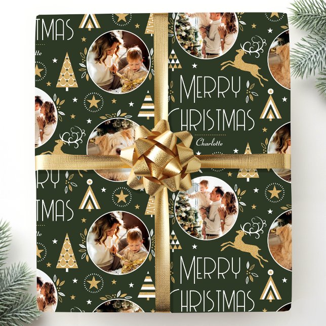 Elegant Christmas Reindeer Photo Dark Green Gold Wrapping Paper (Creator Uploaded)