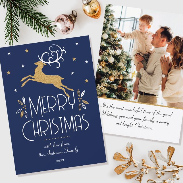 Elegant Christmas Reindeer Photo Deep Blue Flat Card (Creator Uploaded)