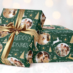 Elegant Christmas Reindeer Photo Forest Green Wrapping Paper<br><div class="desc">Make your Christmas gifts extra special with this elegant Art Deco style wrapping paper. You can personalise it with a name and three photos of your family, friends or pets. This seamless pattern features leaping reindeer, festive trees and stars in a colour palette of dark forest green, white and a...</div>