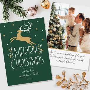 Elegant Christmas Reindeer Photo Green Gold Flat Card