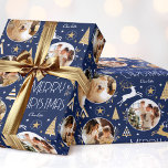 Elegant Christmas Reindeer Photo Midnight Blue Wrapping Paper<br><div class="desc">Make your Christmas gifts extra special with this elegant Art Deco style wrapping paper. You can personalise it with a name and three photos of your family, friends or pets. This seamless pattern features leaping reindeer, festive trees and stars in a colour palette of dark midnight blue, white and a...</div>