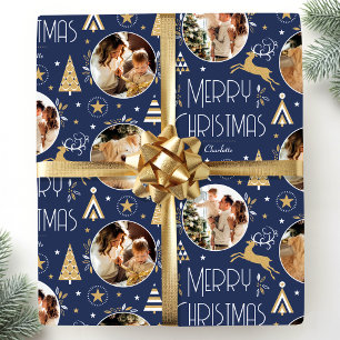 Elegant Christmas Reindeer Photo Navy Blue Wrapping Paper