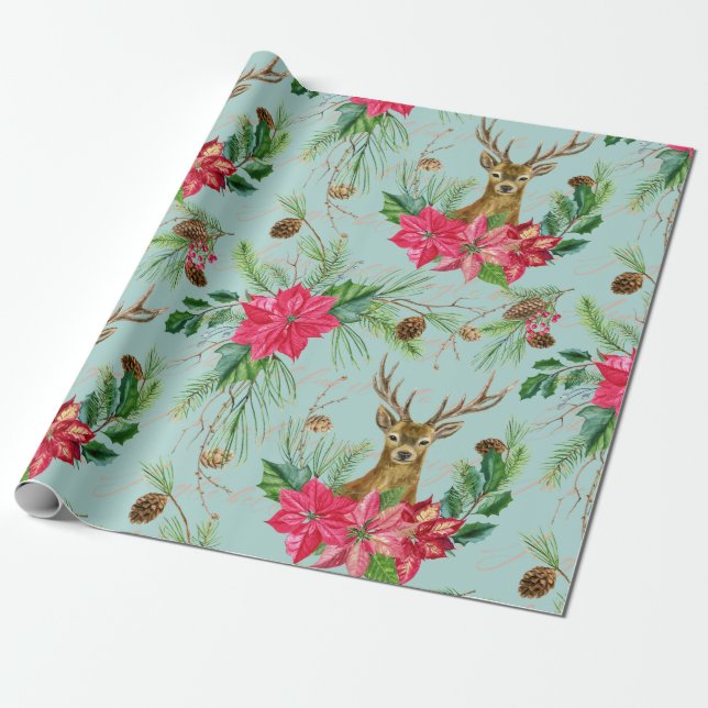 Elegant Christmas Reindeer Poinsettia Pattern Wrap Wrapping Paper (Unrolled)