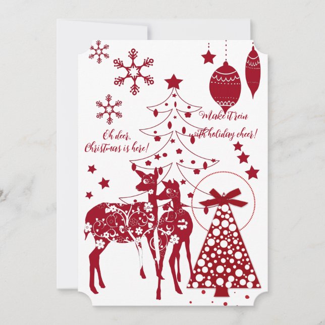 Elegant Christmas Reindeers Red Snowflakes White Holiday Card (Front)