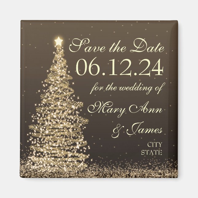 Elegant Christmas Save The Date Gold Magnet (Front)