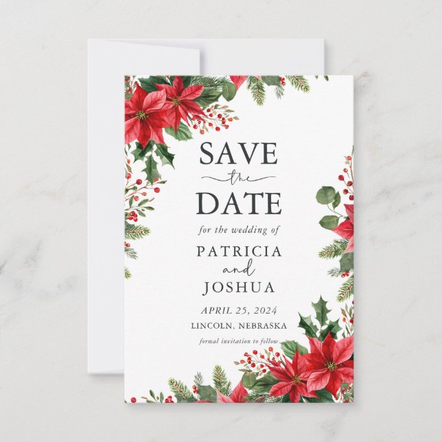 Elegant Christmas Save the Date with Poinsettias (Front)