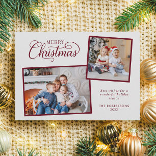 Elegant Christmas Script 2 Photo Burgundy Holiday Card