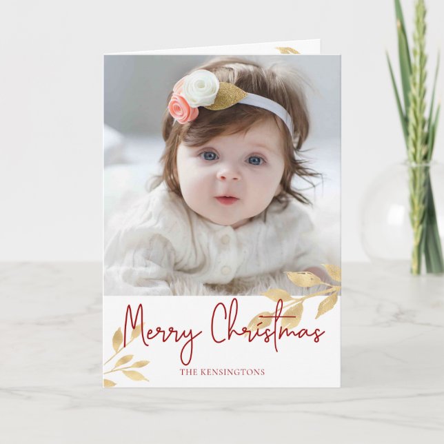Elegant Christmas Script Gold Leaves Holiday Photo (Front)