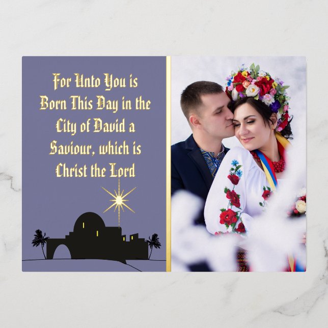 Elegant Christmas Scripture Photo Foil Holiday Postcard (Front)