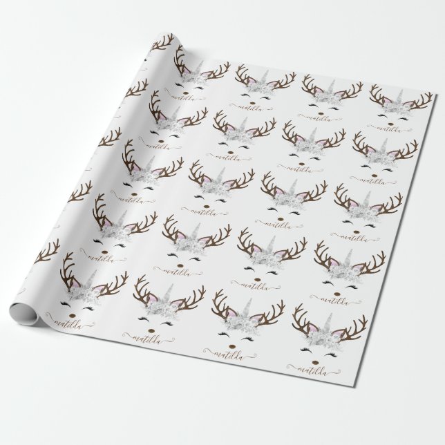 Elegant Christmas silver glitter unicorn deer Wrapping Paper (Unrolled)