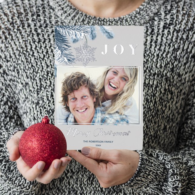 Elegant Christmas Silver Snowflakes Blue Grey Joy  Foil Holiday Card (Creator Uploaded)