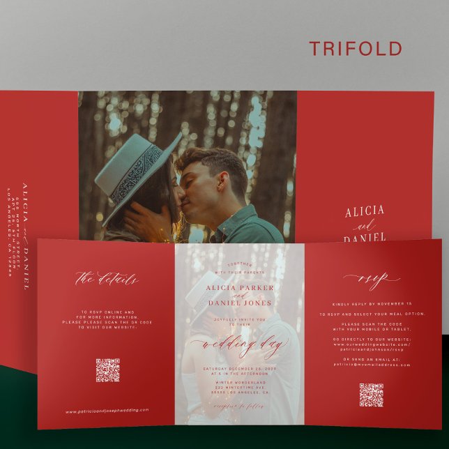 Elegant Christmas simple red photo wedding RSVP QR Tri-Fold Invitation (Creator Uploaded)