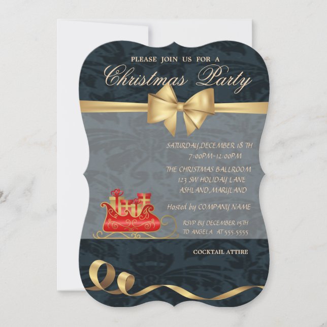 Elegant Christmas Sleigh ,Bow,Christmas Party Invitation (Front)