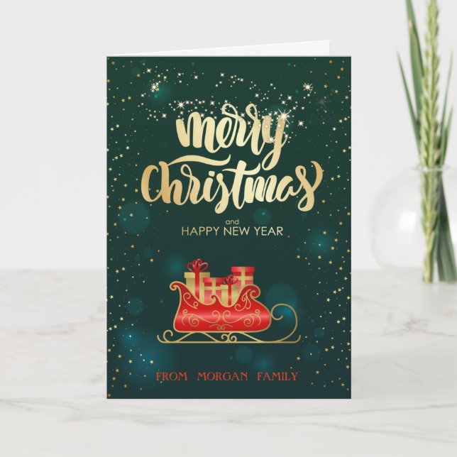 Elegant Christmas Sleigh Green  Holiday Card (Front)