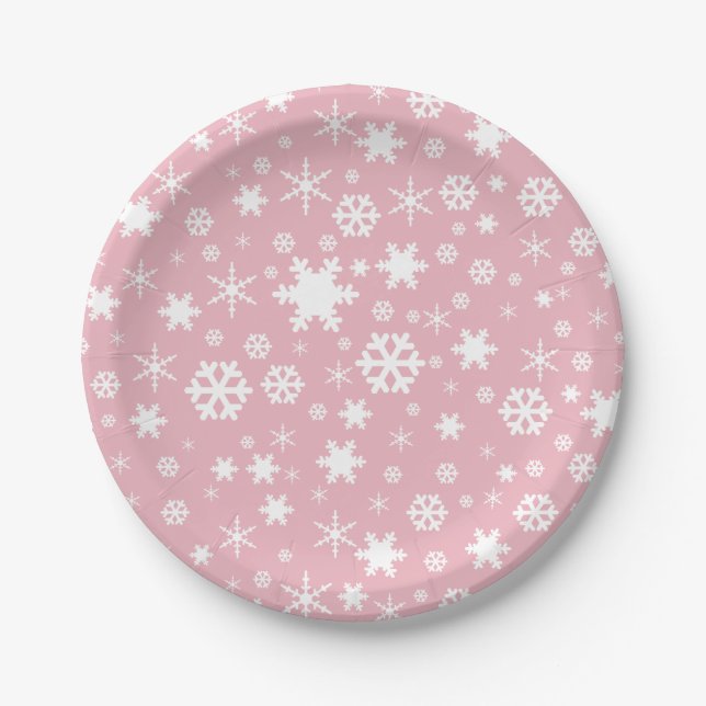 Elegant Christmas snowflake pattern pastel pink Paper Plate (Front)