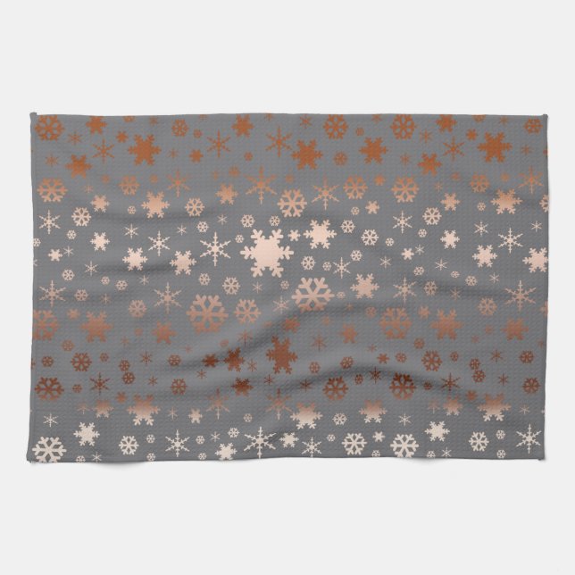 Elegant Christmas snowflake pattern rose gold Tea Towel (Horizontal)