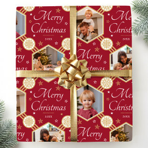 Elegant Christmas Snowflake Photo Collage Burgundy Wrapping Paper