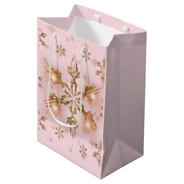 Elegant Christmas Snowflake Pink Gold Medium Gift Bag (Front Angled)