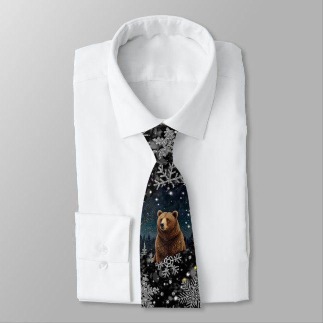Elegant Christmas snowflakes brown bear Tie (Tied)