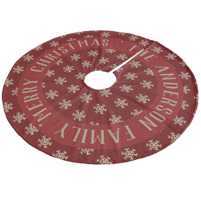 Elegant Christmas Snowflakes Pattern Dark Red Fleece Tree Skirt (Angled)