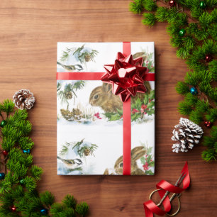 Elegant Christmas Snowy Bunny And Birds   Wrapping Paper