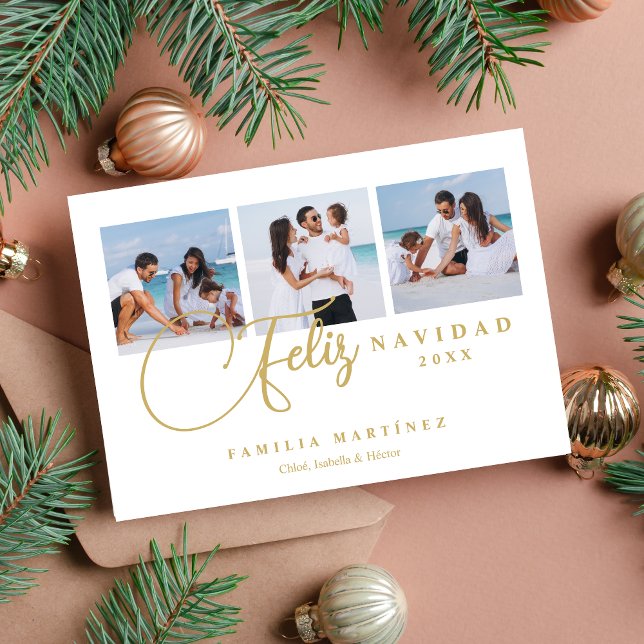 Elegant Christmas Spanish Cute 3 Multi Photo Holiday Card (Elegant Christmas Spanish Cute 3 Multi Photo Collage in White Holiday Card with Envelope. )