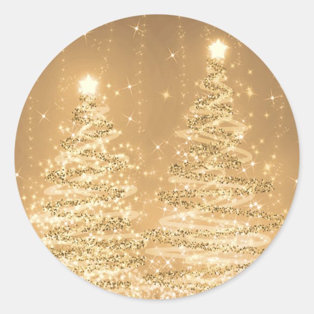Elegant Christmas Sparkling Trees Copper  Classic Round Sticker (Front)