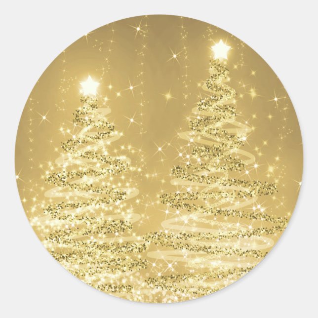 Elegant Christmas Sparkling Trees Gold  Classic Round Sticker (Front)